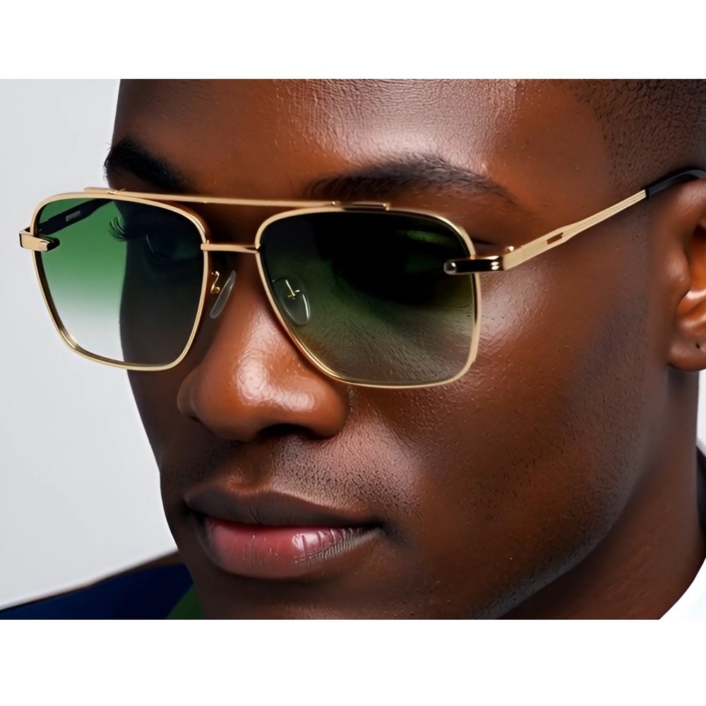 Gold Metal Aviator Sunglasses Gradient Green Lenses‎ Double Bridge Men's Fashion